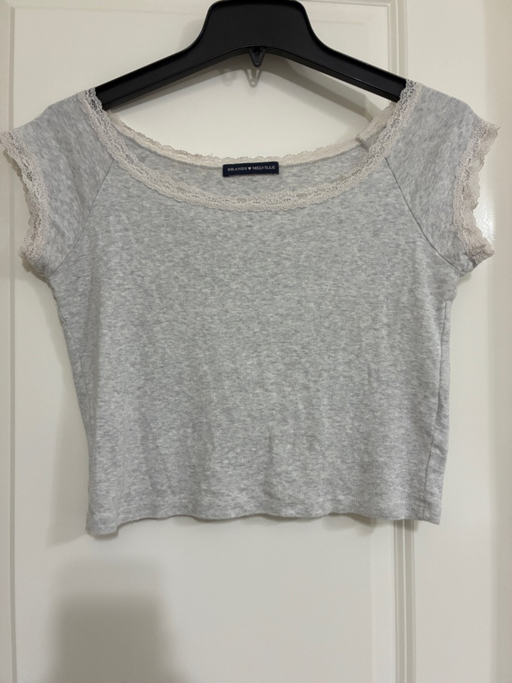 Brandy Melville Heather Gray Crop Top with Cream Lace Trim